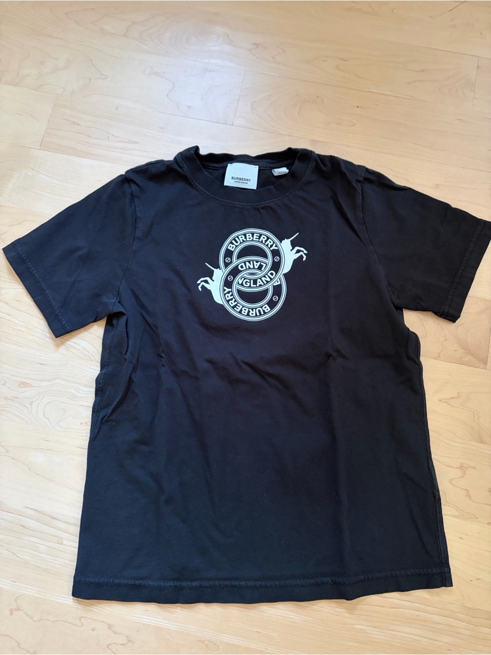 Burberry Black Tee with White Interlocking Logo and Unicorns